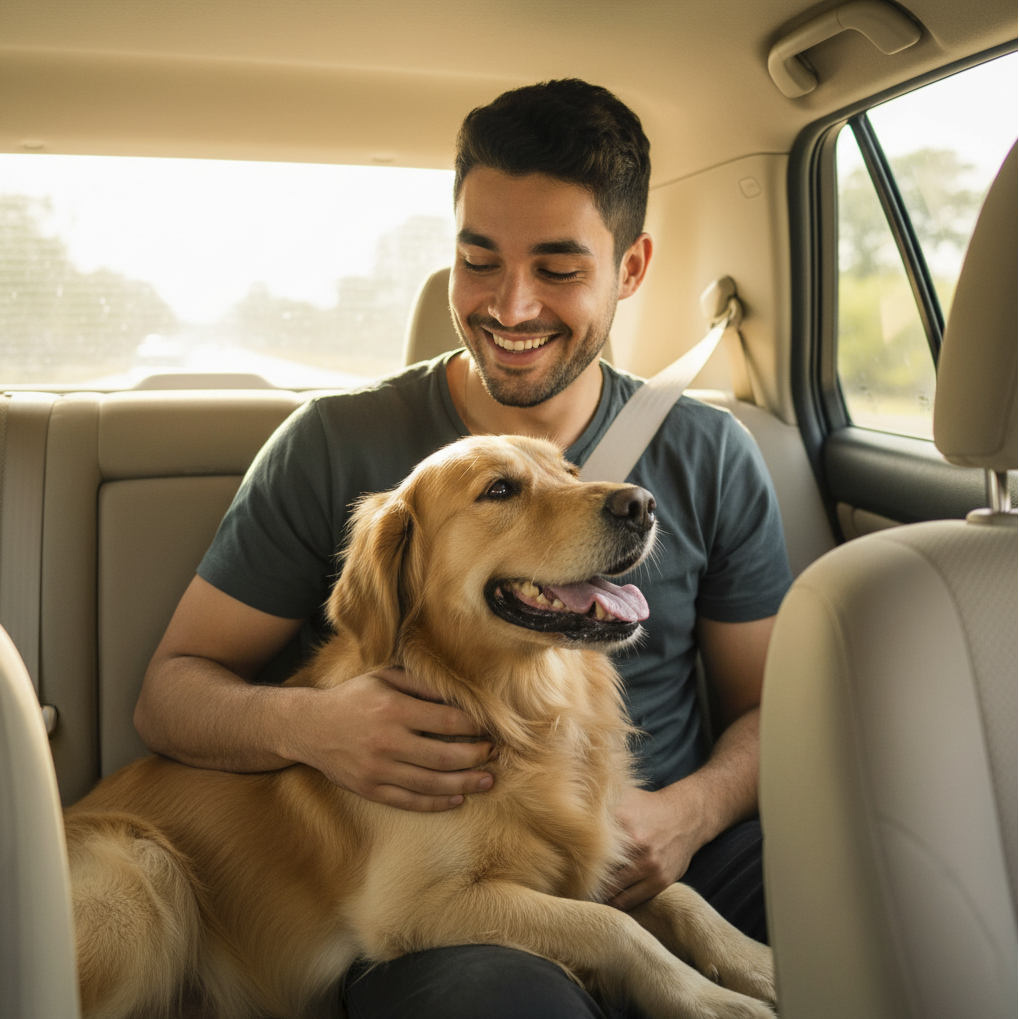 a dog with his owner in the back seat
